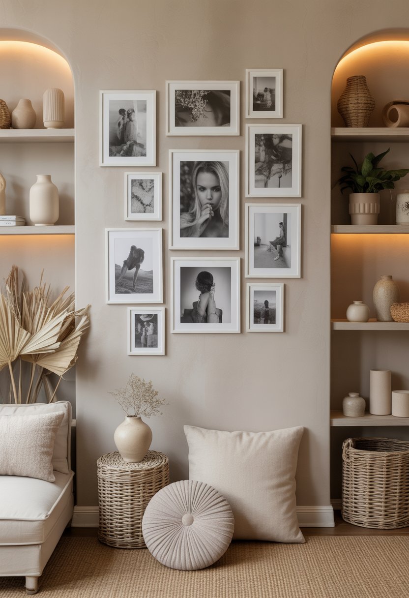 A beige wall decorated with a black and white photo collage surrounded by small beige decor items including vases, cushions, baskets, and plants.