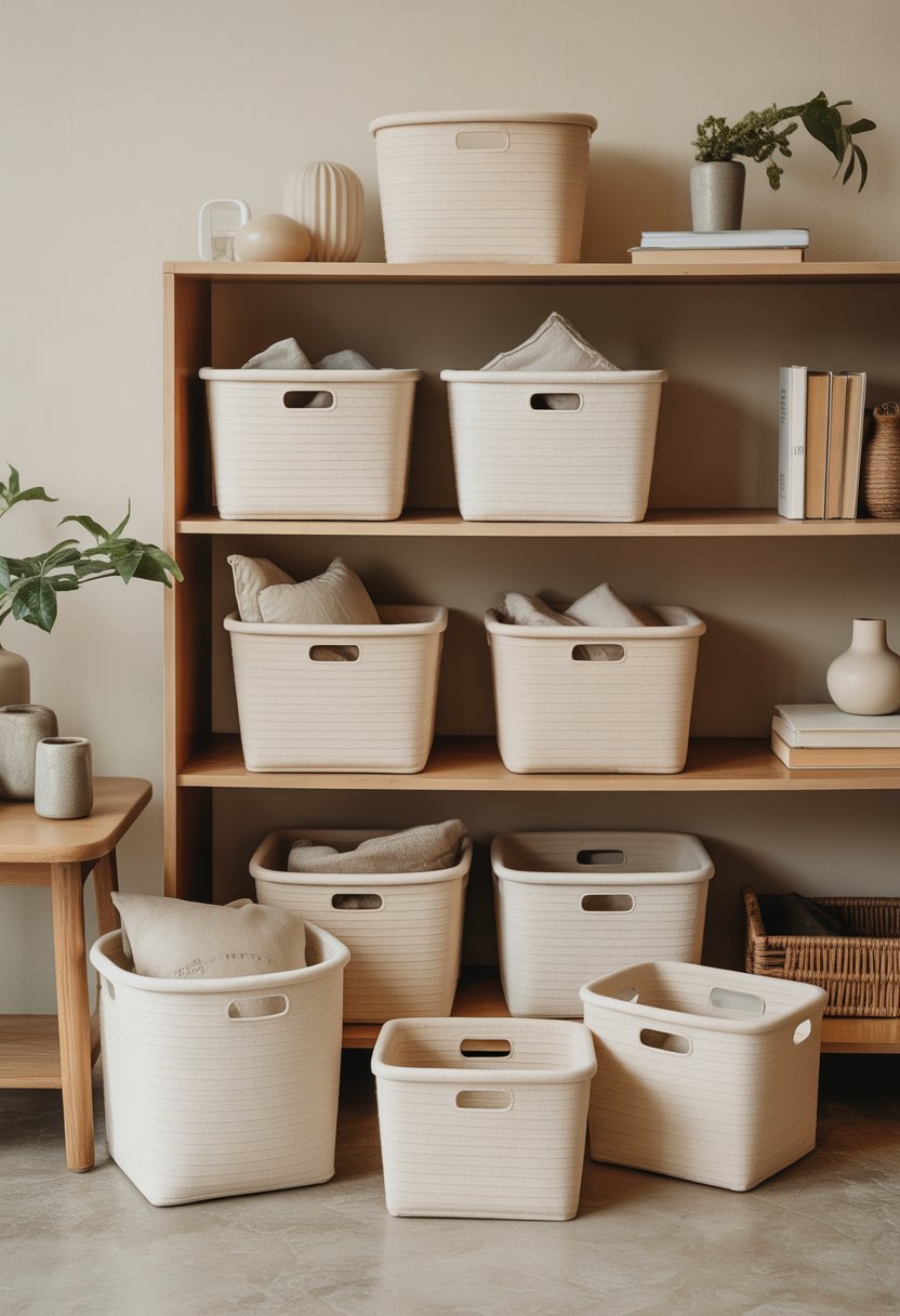 A tidy living space with ten small beige storage baskets arranged on shelves and tables, surrounded by plants and decorative items.