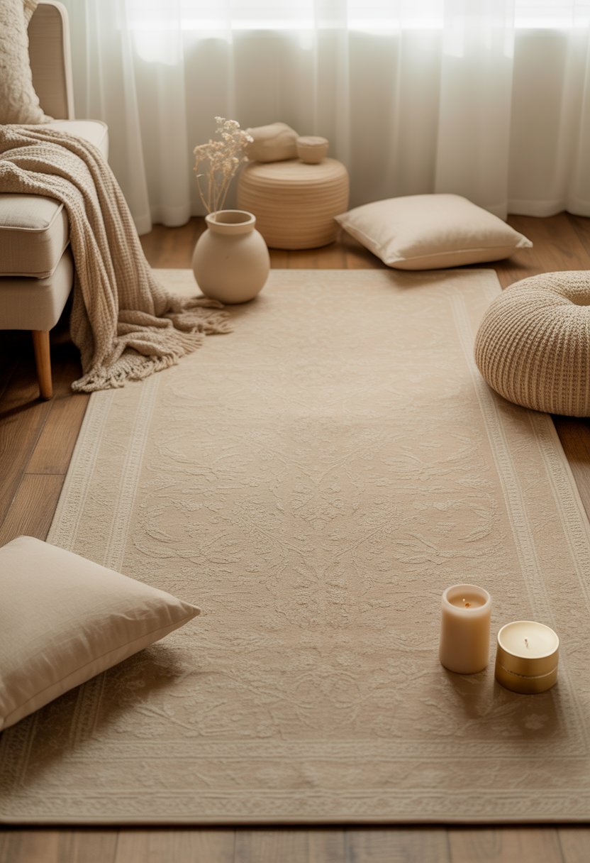 A cozy living space with a beige patterned rug on a wooden floor surrounded by small beige decor items and natural light coming through a window.