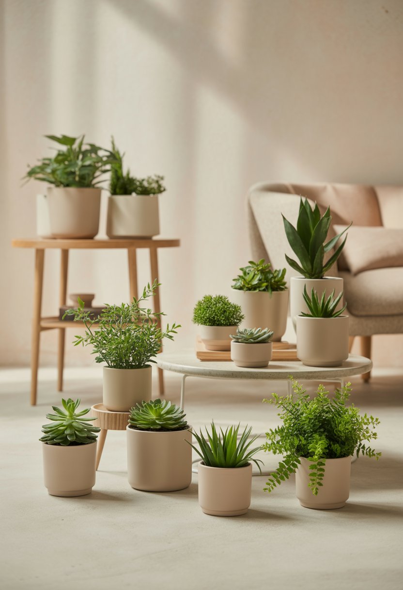 A bright room with small green plants in beige pots arranged on shelves and tables.