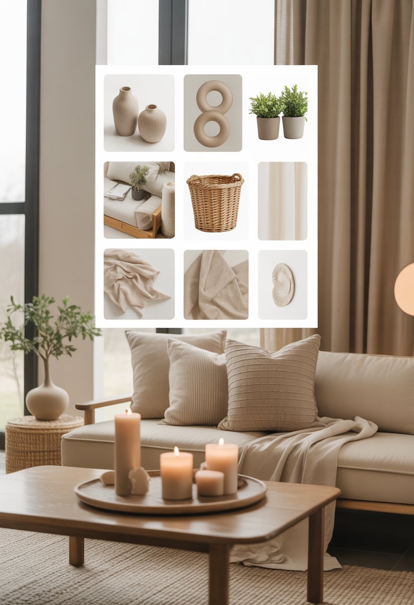 A modern living room with various small beige decor items including vases, baskets, pillows, plants, candles, and rugs arranged neatly on and around a sofa and coffee table.