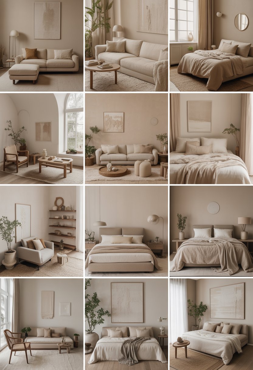 A collage of 12 serene beige interior spaces including living rooms, bedrooms, reading nooks, and work areas, all bathed in natural light with soft furnishings and minimalist decor.