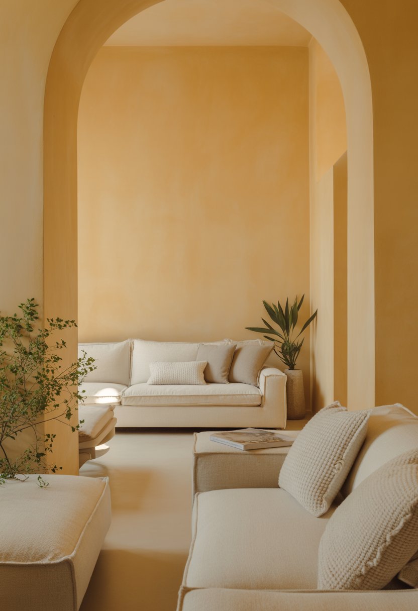 A calm interior room with warm beige walls, a beige sofa, wooden accents, and green plants.