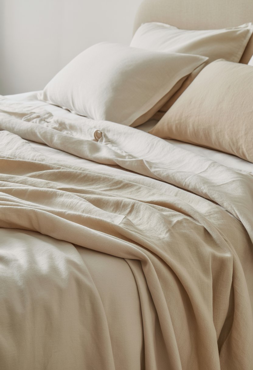 A neatly made bed with layered creamy beige linen and cotton bedding in a calm and peaceful bedroom.
