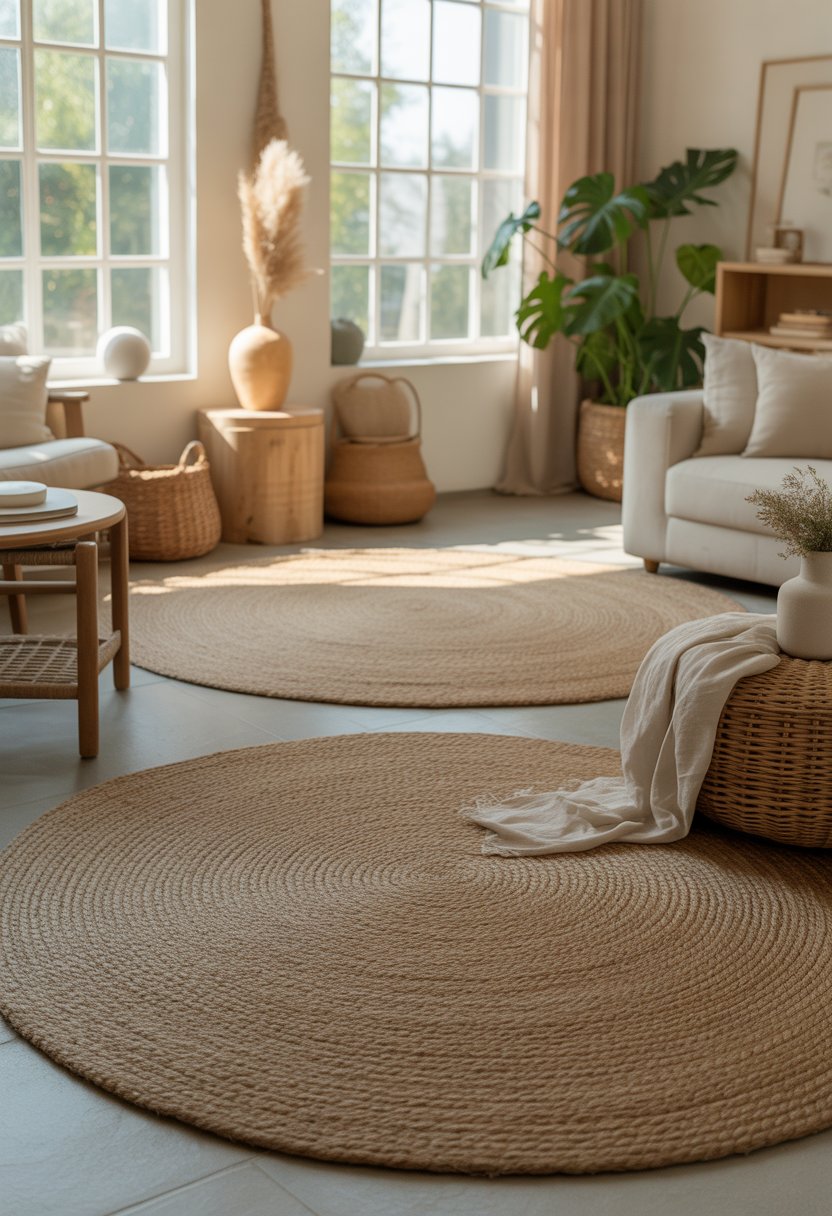 A calm living room with textured jute rugs, wooden furniture, plants, and soft natural light creating a peaceful atmosphere.