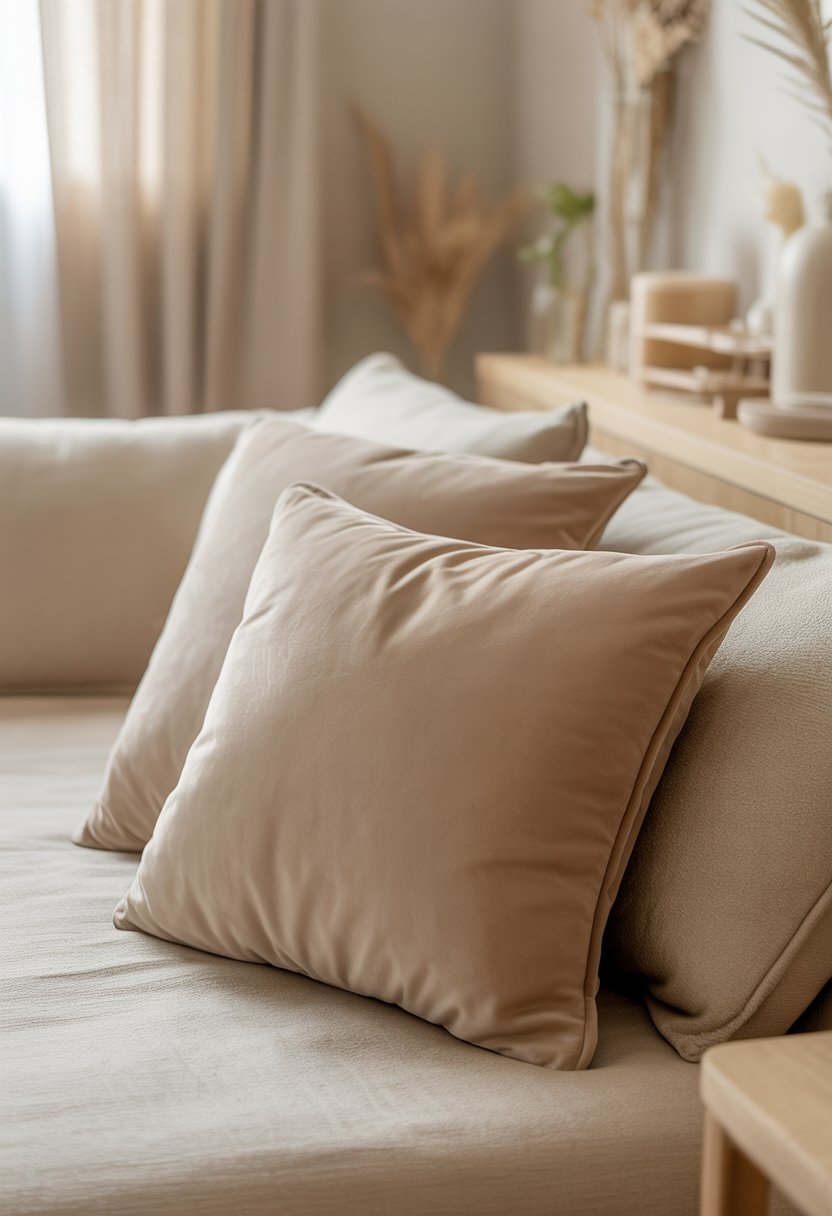 Beige velvet throw pillows arranged on a sofa in a softly lit, cozy living space.
