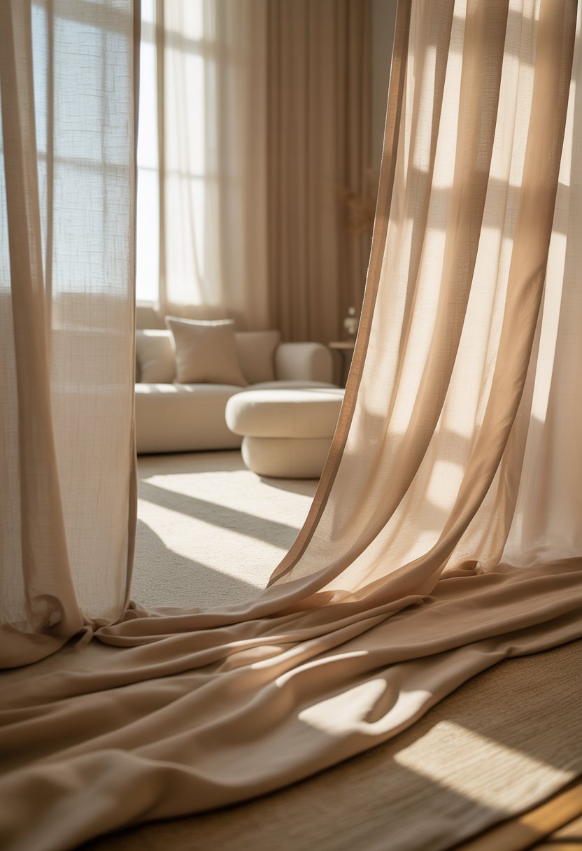 A calm interior with soft beige sheer curtains diffusing sunlight into a neutral-toned room.