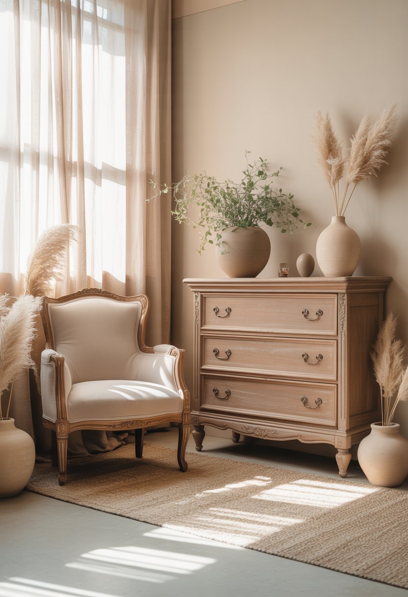 A bright room with antique wooden furniture in light beige, including a dresser and armchair, with plants and soft natural light.