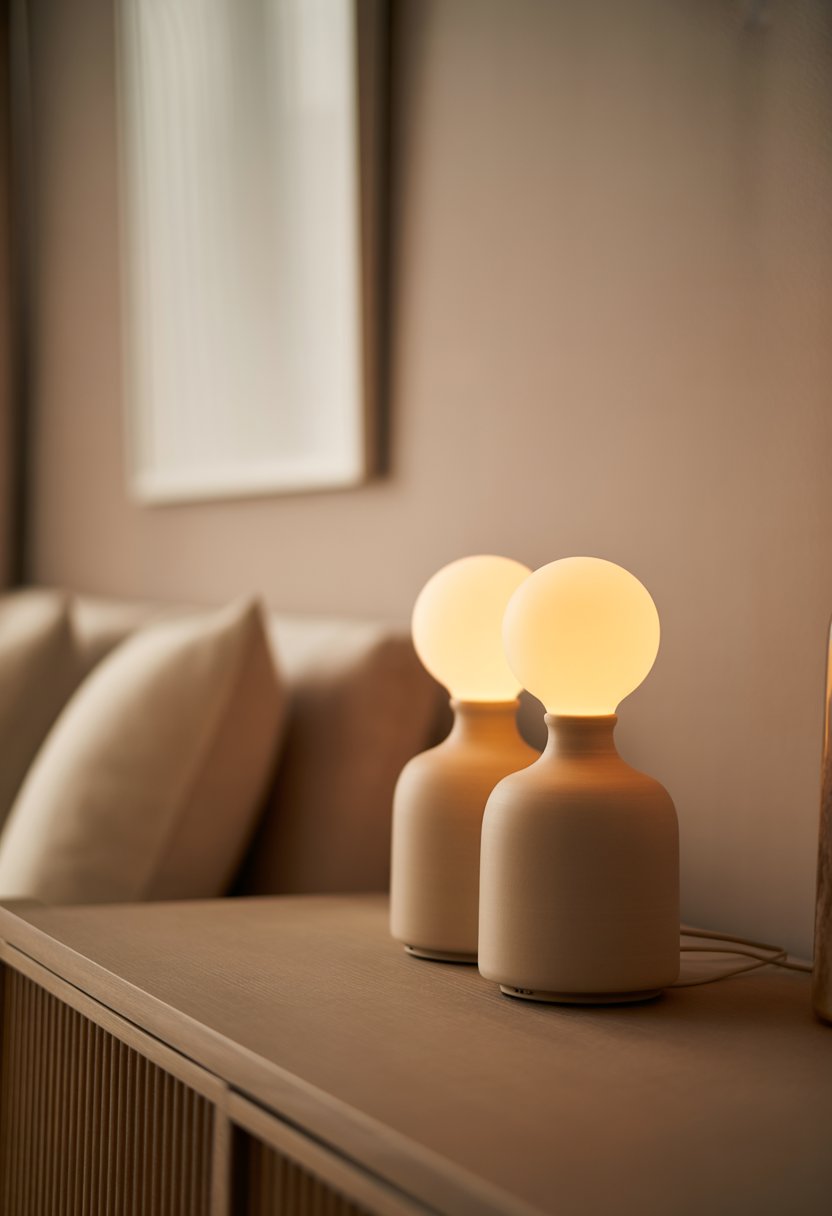 Two beige ceramic table lamps with warm glowing bulbs on a wooden surface in a softly lit room.