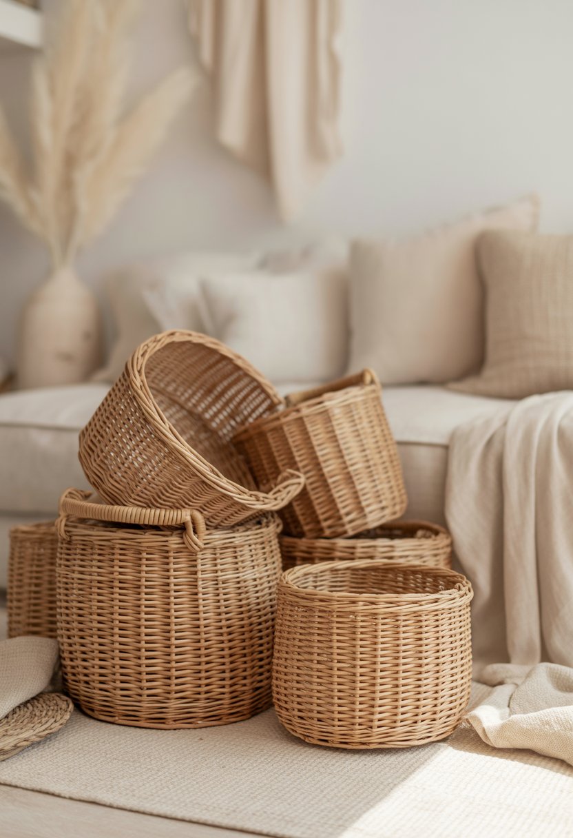 A collection of woven rattan baskets displayed in a calm beige interior with soft natural lighting.