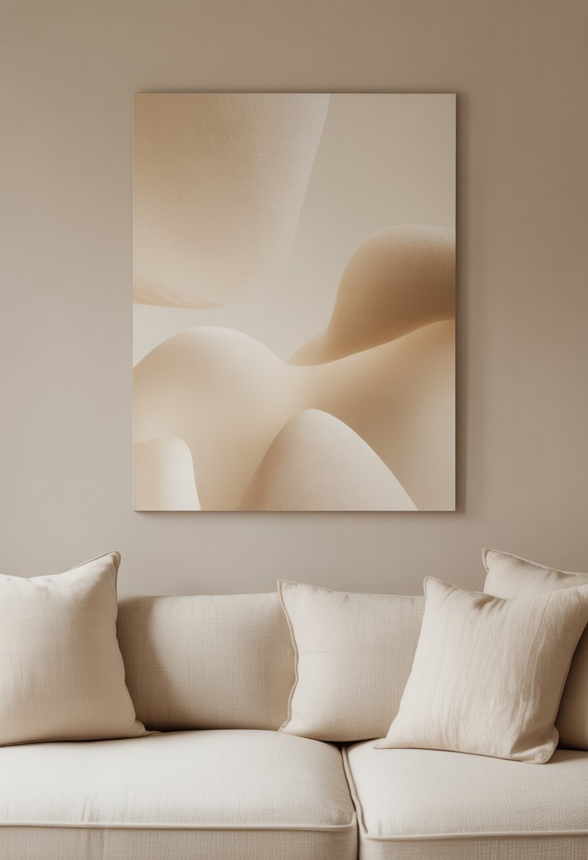 A neutral beige wall with calming abstract shapes in soft beige tones creating a peaceful and serene interior scene.