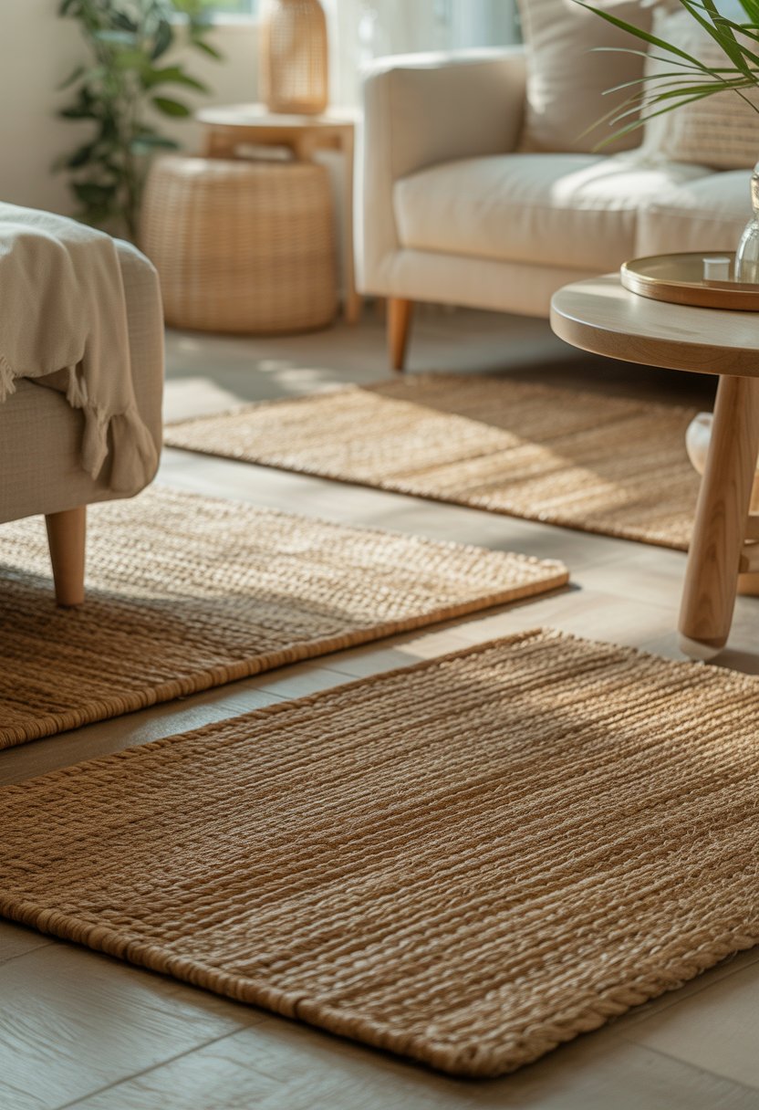 A calm interior space with natural woven floor mats, neutral furniture, soft lighting, and plants.