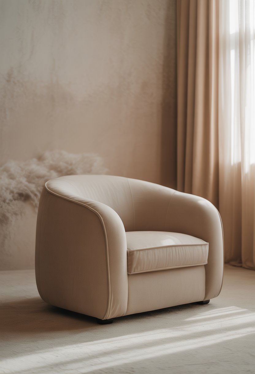 A plush beige armchair with rounded edges in a softly lit, calm room with neutral tones.