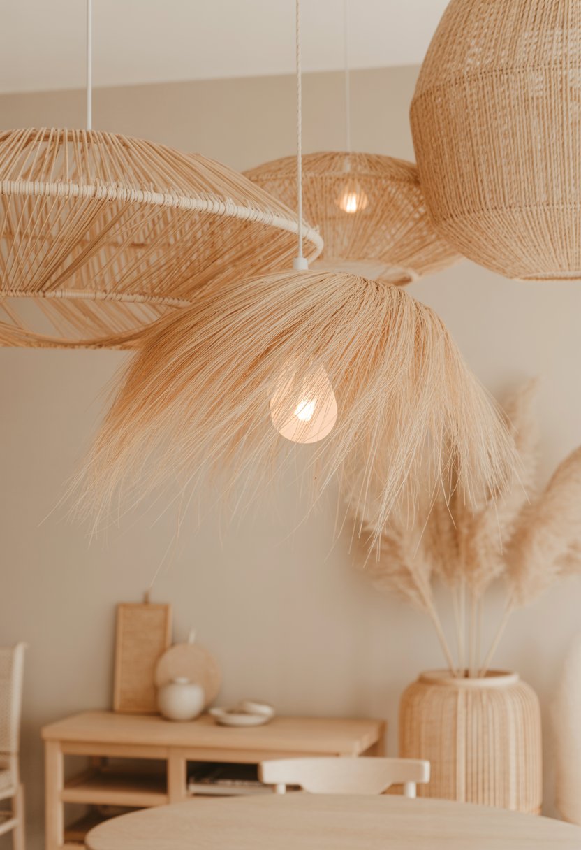 A room with natural fiber pendant lights hanging from the ceiling, casting a warm glow over beige walls and light wooden furniture.