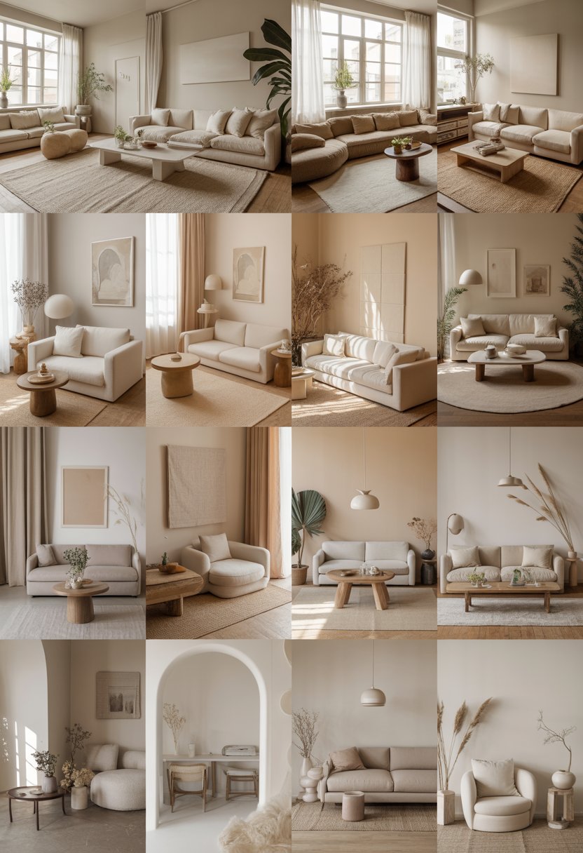 Twelve calm and cozy beige-toned interior rooms with soft lighting, comfortable furniture, plants, and natural textures.