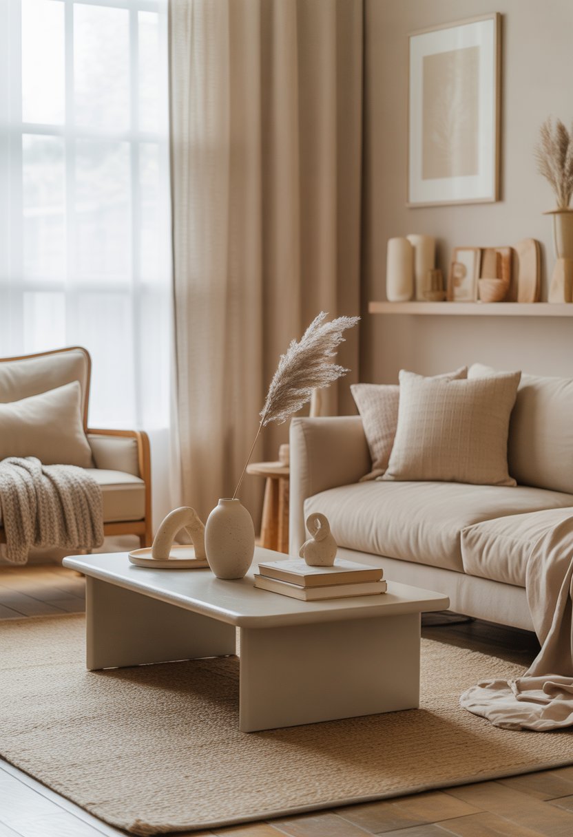 A cozy living room with beige sofa, armchair, rug, curtains, and decorative items arranged neatly in natural light.