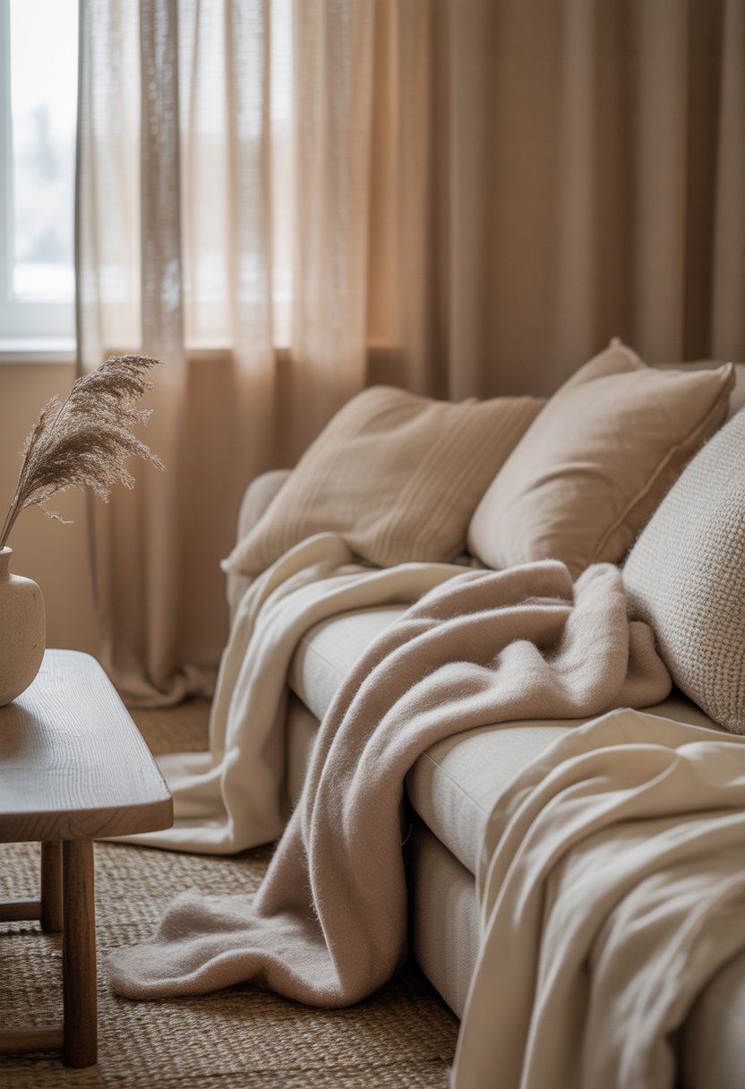 A cozy living room with beige linen curtains, a wool throw on a sofa, and a wooden coffee table with dried grass in a vase.