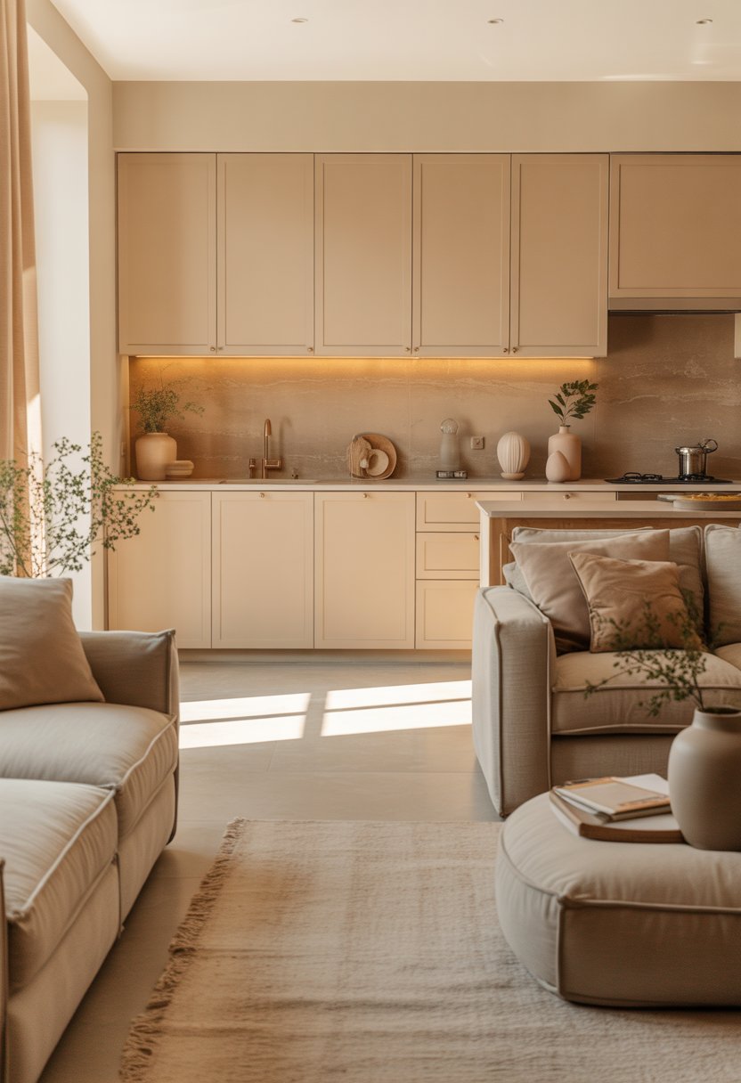 A bright kitchen and living room with beige cabinets, furniture, and decor, featuring warm lighting and natural sunlight.