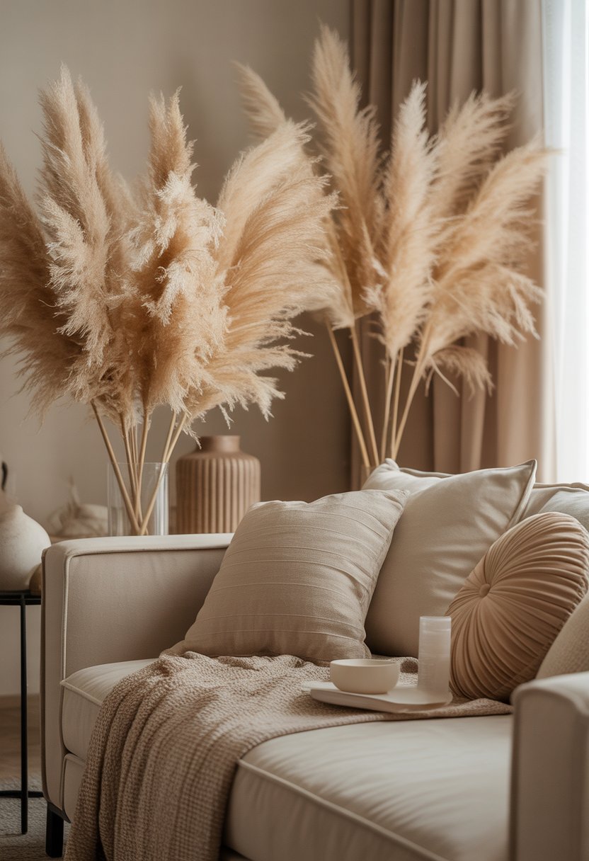 A living room with pampas grass in vases and beige home decor items arranged on a sofa and shelves.