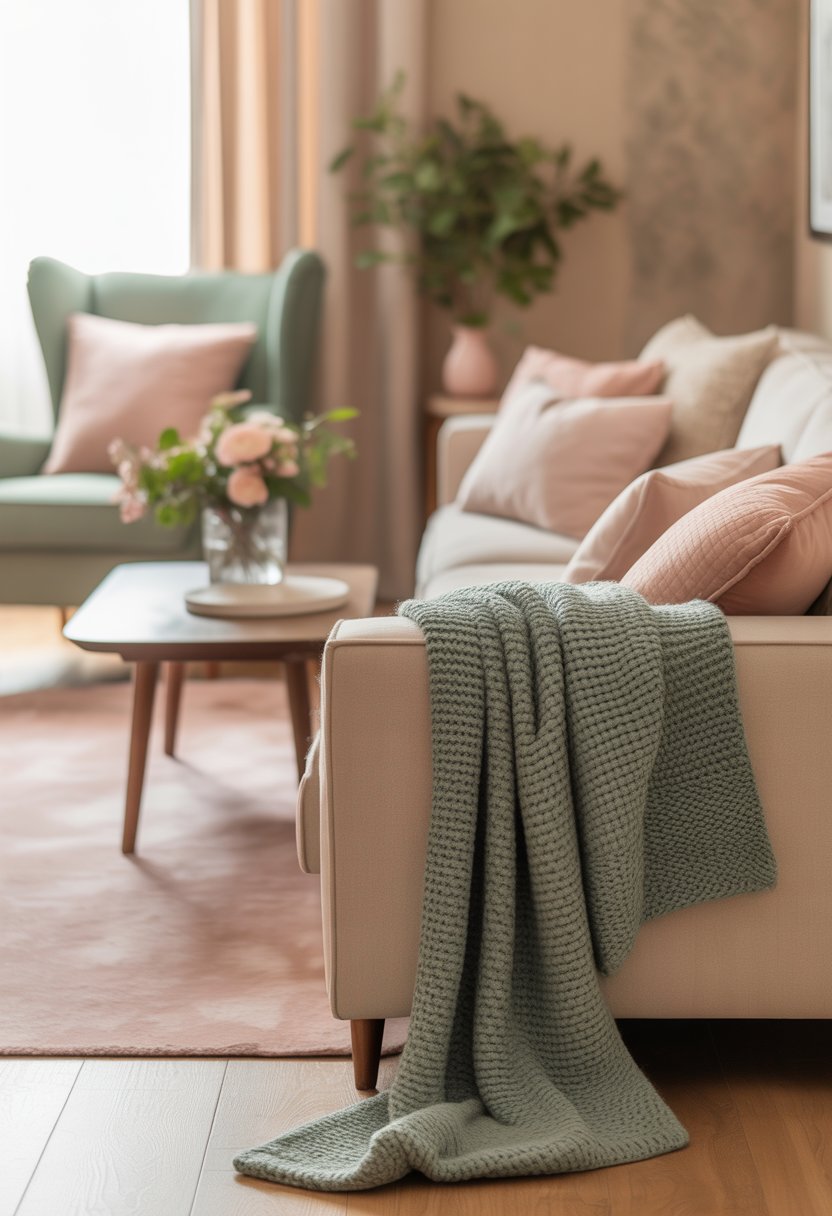 A cozy living room with a beige sofa, muted green armchair, soft blush pillows, a wooden coffee table with flowers, and natural light coming through sheer curtains.
