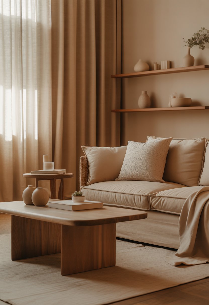 A living room with a beige sofa, wooden coffee table, wooden shelves, and soft natural light coming through curtains.