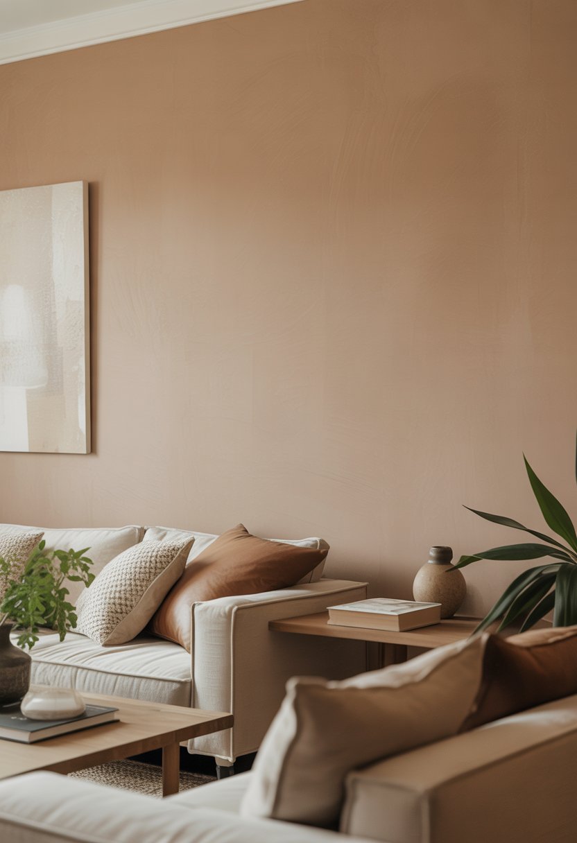A living room with a matte beige painted wall, beige sofa, wooden coffee table, green plants, and soft natural lighting.