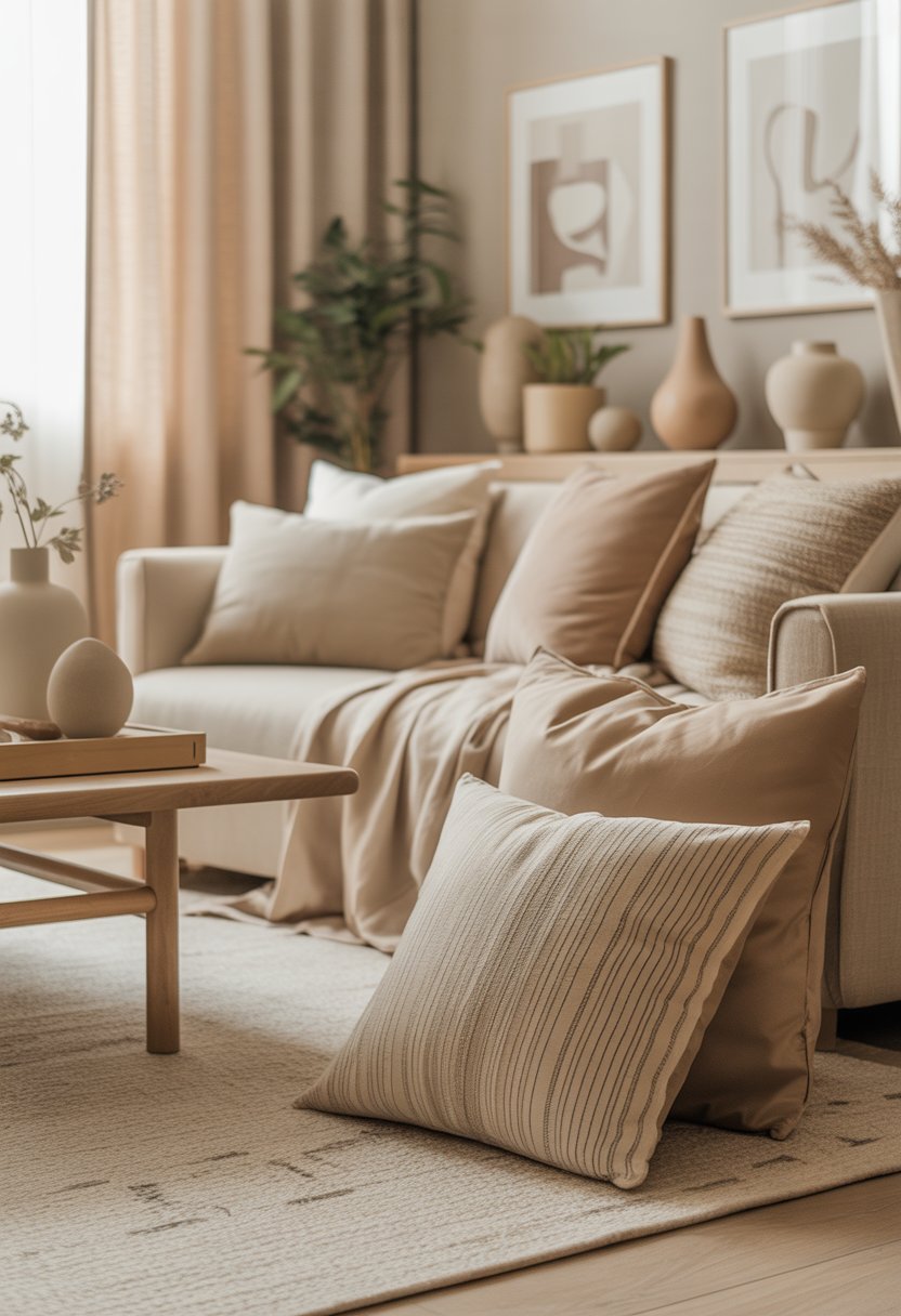 A cozy living room with a beige sofa, throw pillows, a wooden coffee table, beige curtains, and decorative items arranged to create a warm and inviting atmosphere.