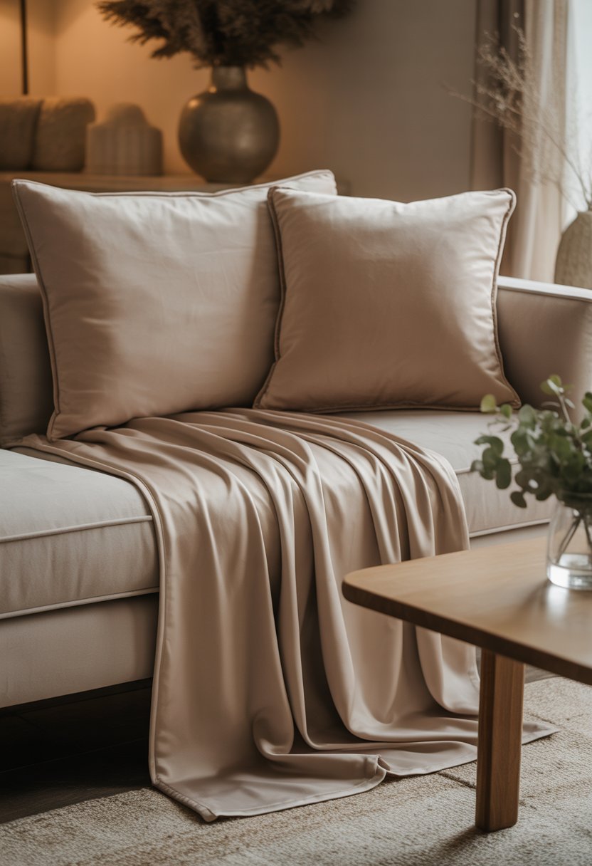 A living room corner with beige velvet cushions and a matching throw on a sofa, a wooden coffee table with a small plant, and soft natural lighting.