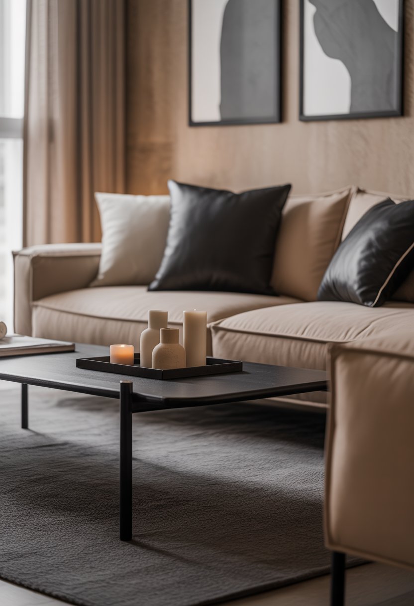 A modern living room with a beige sofa, dark accent pillows, a black coffee table, and abstract artwork on the wall.