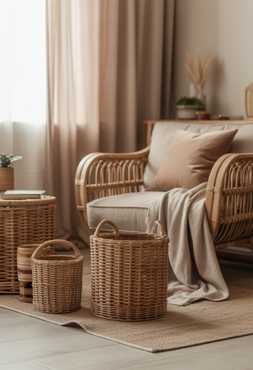A living room corner with woven baskets and a rattan armchair with beige cushions, softly lit by natural light.