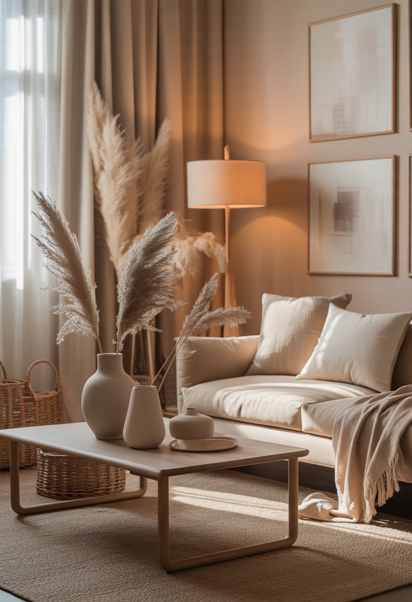 A cozy living room with beige furniture, wooden coffee table, vases with dried plants, and soft natural light coming through curtains.