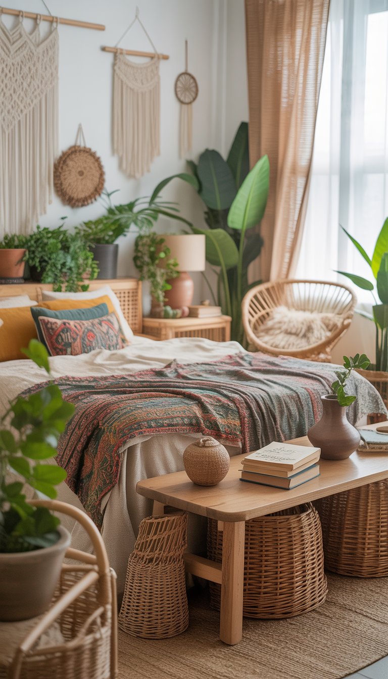 A bright bedroom with a bed covered in patterned textiles, surrounded by plants, wooden furniture, and decorative wall hangings, bathed in natural light.