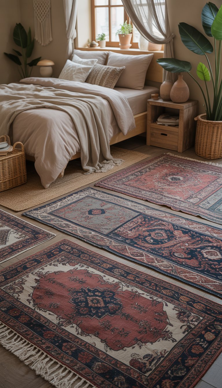 A cozy bedroom with layered vintage rugs on the floor, a bed with neutral bedding, plants, and wooden furniture illuminated by natural light.
