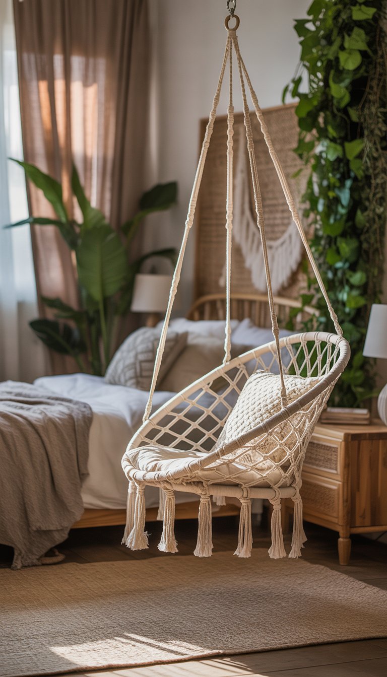 A bedroom with a hanging macrame chair, a bed with neutral bedding, plants, and natural light coming through a window.