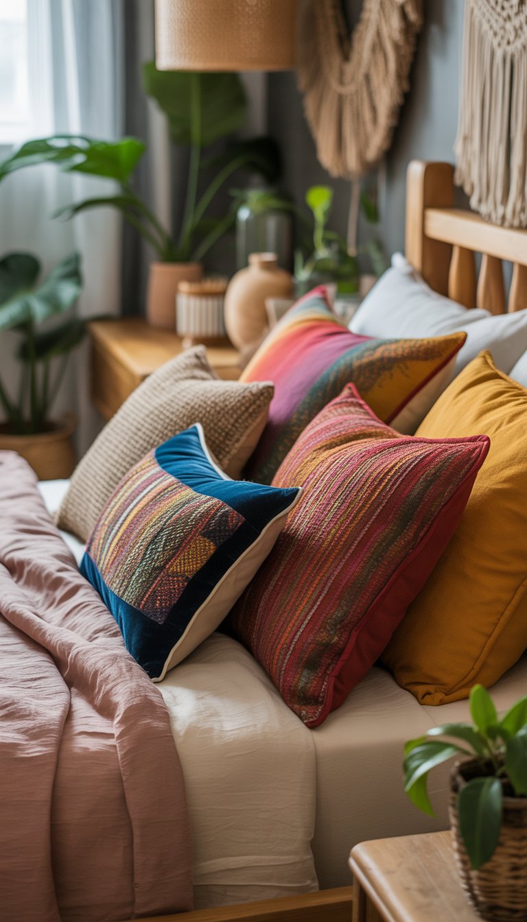 A cozy bedroom corner with a bed covered in colorful textured throw pillows and neutral linens, surrounded by plants and natural wood furniture.