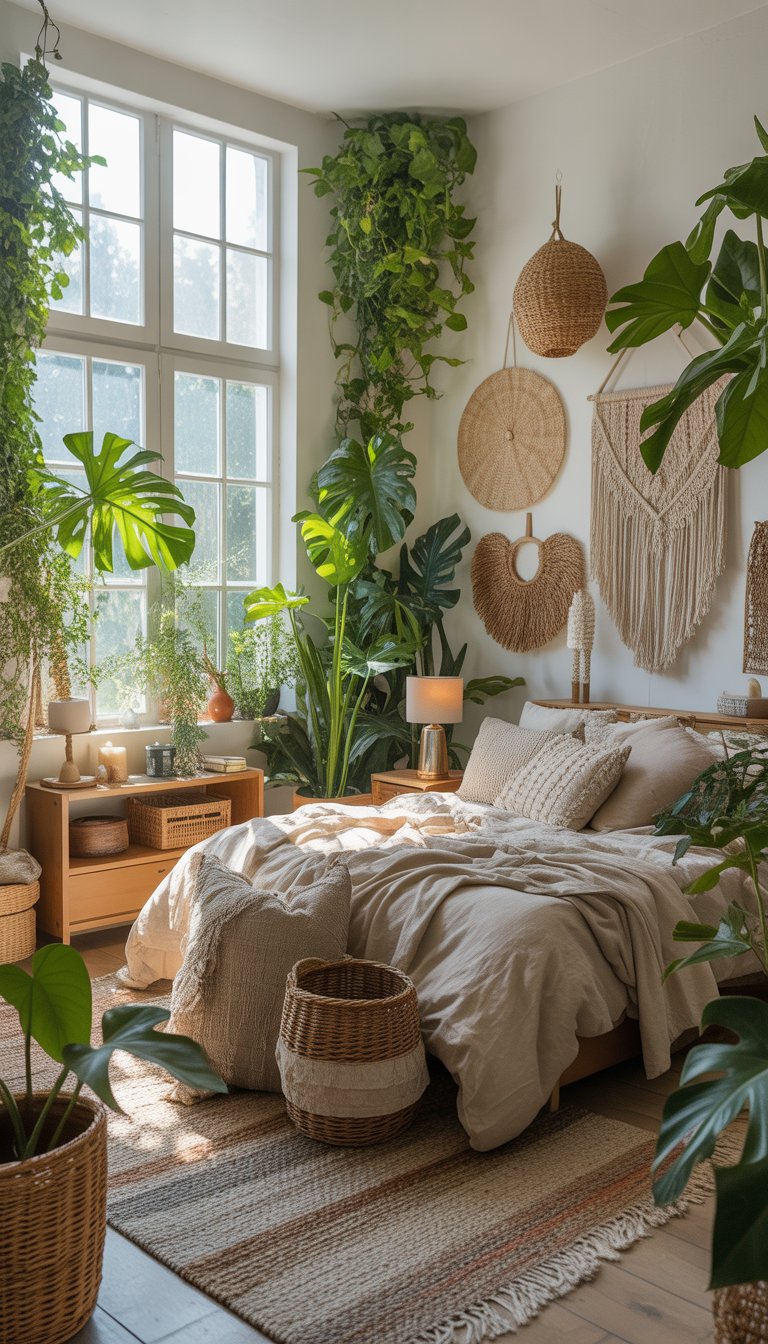 A bright bedroom filled with various indoor plants, a bed with neutral linens, wooden furniture, and natural light coming through large windows.
