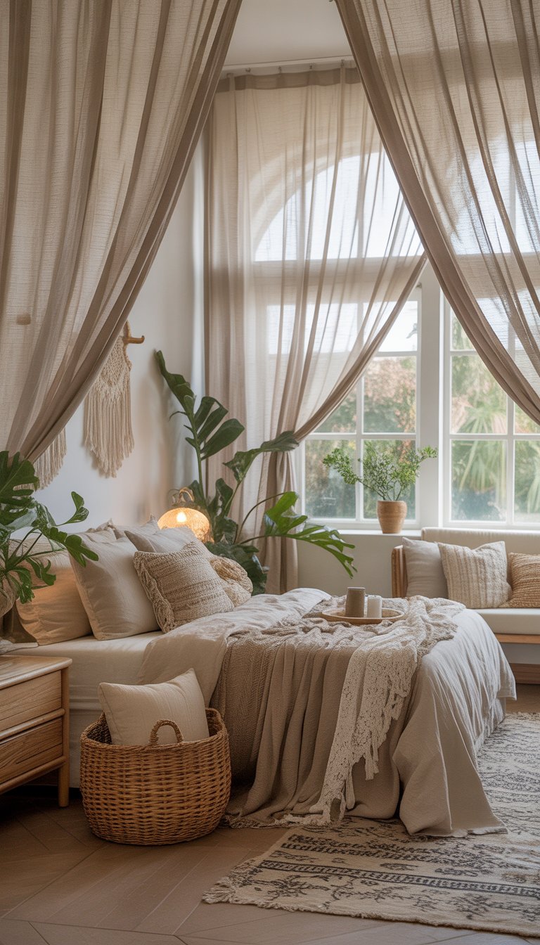 A bright bedroom with sheer curtains letting in soft sunlight, a cozy bed with pillows, plants, and natural wood furniture.