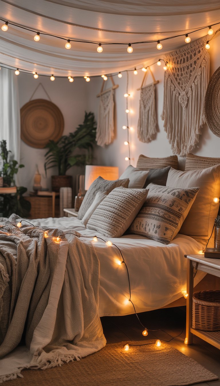 A cozy bedroom with string lights hanging above a bed decorated with pillows and blankets, surrounded by plants and bohemian decor.