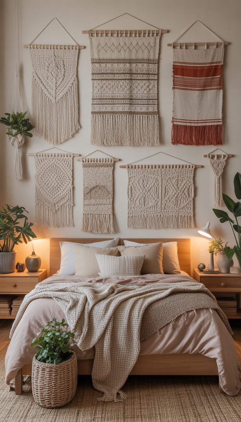 A cozy bedroom with woven wall hangings above the bed, wooden furniture, plants, and soft bedding.