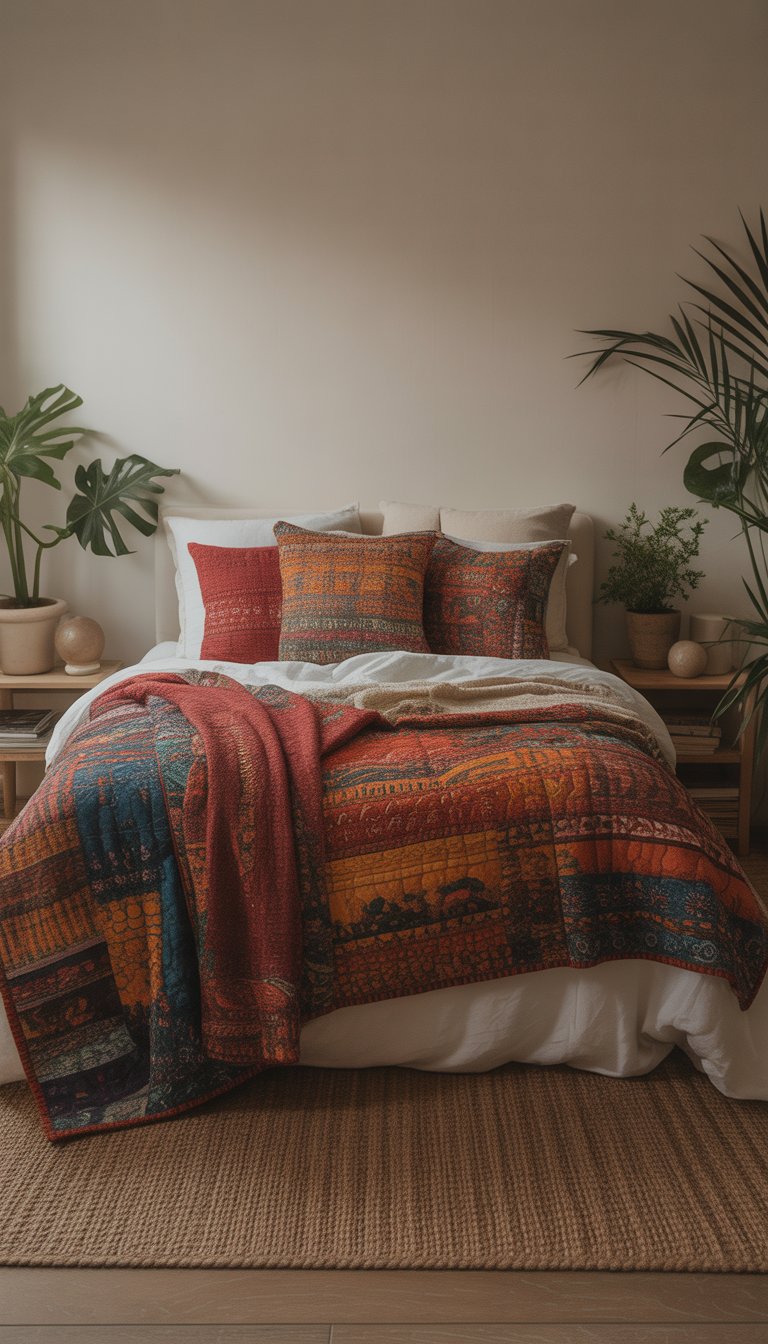 A cozy bedroom with a neatly made bed layered with colorful patterned blankets and quilts, surrounded by wooden furniture and plants.