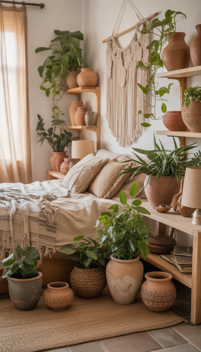 A bright bedroom with a bed, plants in ceramic and terracotta pots, wooden shelves, and natural light coming through sheer curtains.