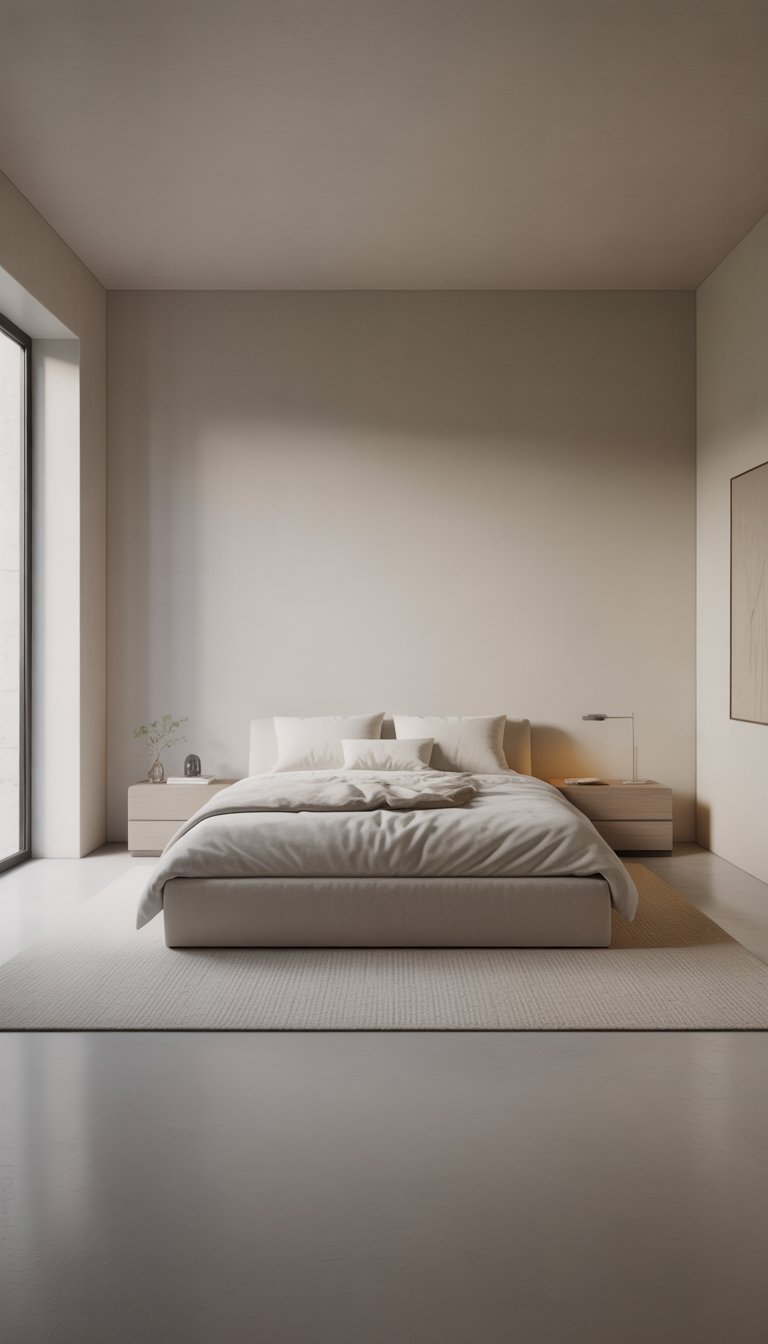 A bright, spacious bedroom with a simple bed, minimal furniture, and large windows letting in natural light.