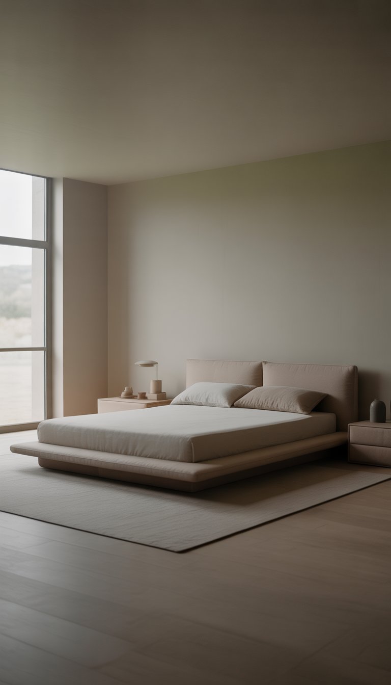A serene bedroom with a low platform bed, minimal furniture, and soft natural light filling the room.