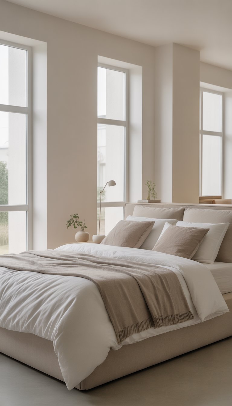 A tidy bedroom with a neatly made bed featuring neutral bedding, a small bedside table with a lamp and plant, and natural light coming through large windows.