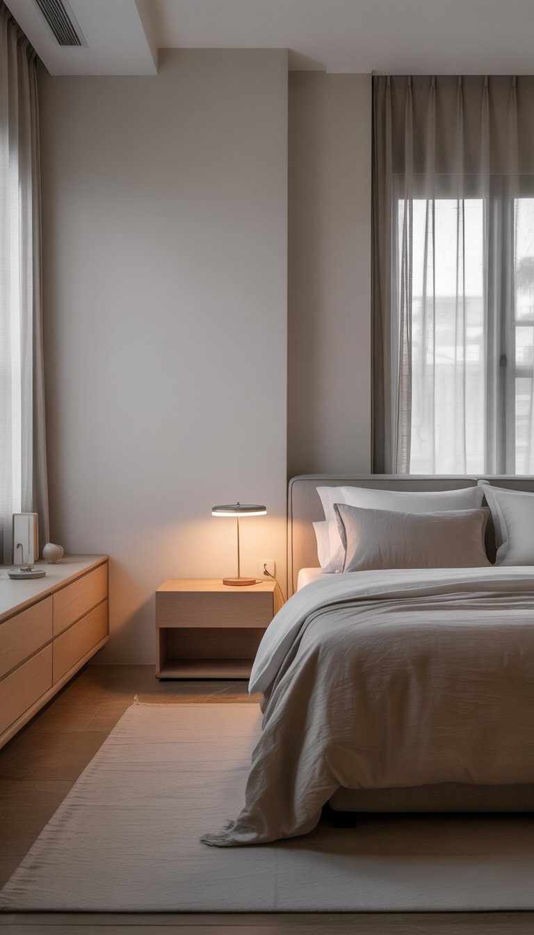 A clean and calm bedroom with a neatly made bed, a nightstand with a lamp, and soft natural light coming through large windows.