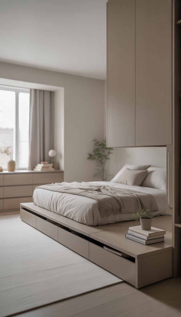 A clean and bright bedroom with a bed, hidden storage drawers, a floating nightstand, and a wardrobe, all arranged neatly with natural light coming through a window.