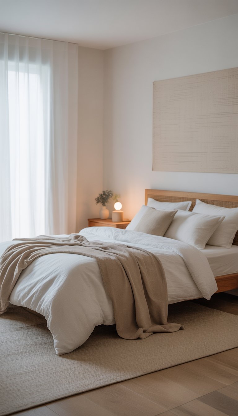 A tidy bedroom with a made bed, wooden furniture, soft natural light, and a small green plant.