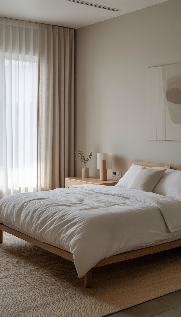 A tidy bedroom with a bed, bedside table with a small plant and lamp, natural light from a window, and minimal decoration.