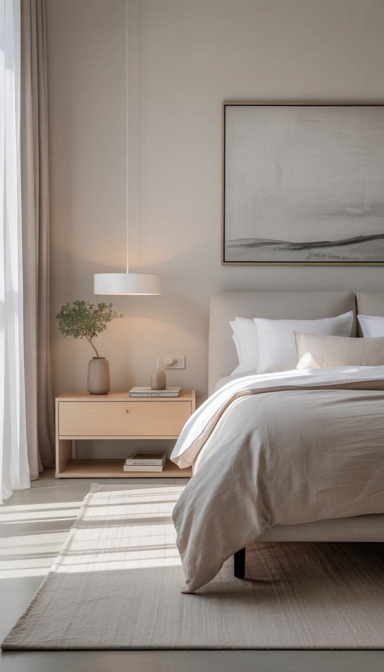 A tidy bedroom with a bed, simple artwork above it, a nightstand with a plant and lamp, and natural light coming through a window.