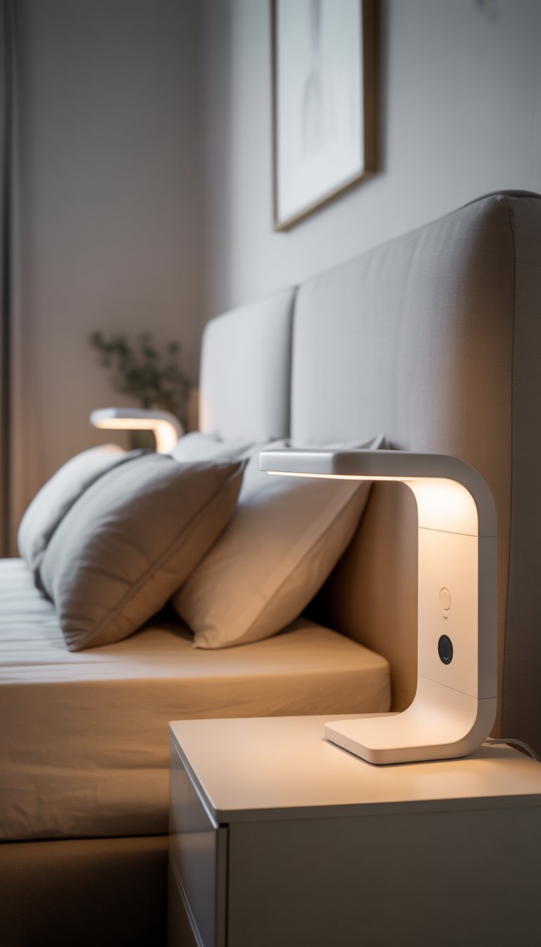 A tidy bedroom with a neatly made bed and two smart bedside lamps on simple nightstands.